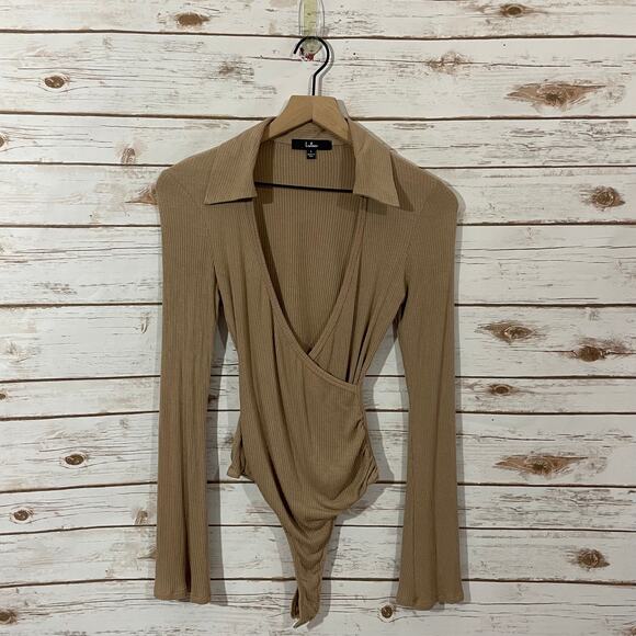 Lulu’s Head to Class Beige Ribbed Collared Long Sleeve Bodysuit - Small - Picture 15 of 16